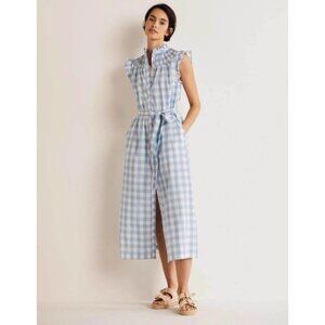 NWT Boden Jane Smocked Midi Shirt Dress - Dusty Blue Gingham - 12P ~ Petite